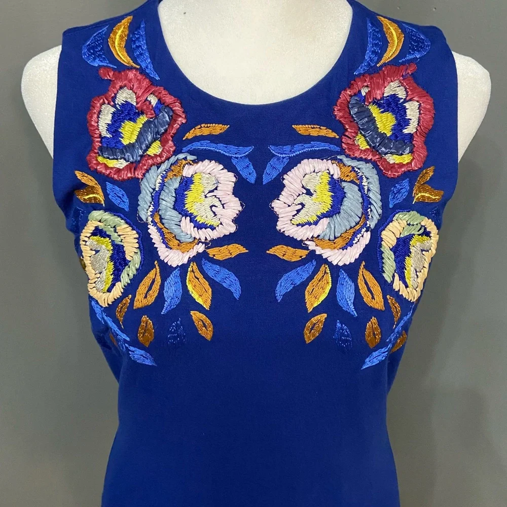 CYNTHIA STEFFE-Womens Blue Sheath Cocktail Dress 4 Floral Embellished Sleeveless - Picture 9 of 15